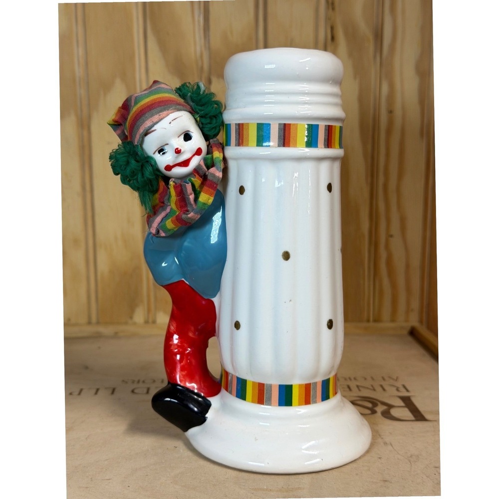 Vintage Ceramic Clown Vase Peeking Around Pillar Rainbow Stripes Gold Dots